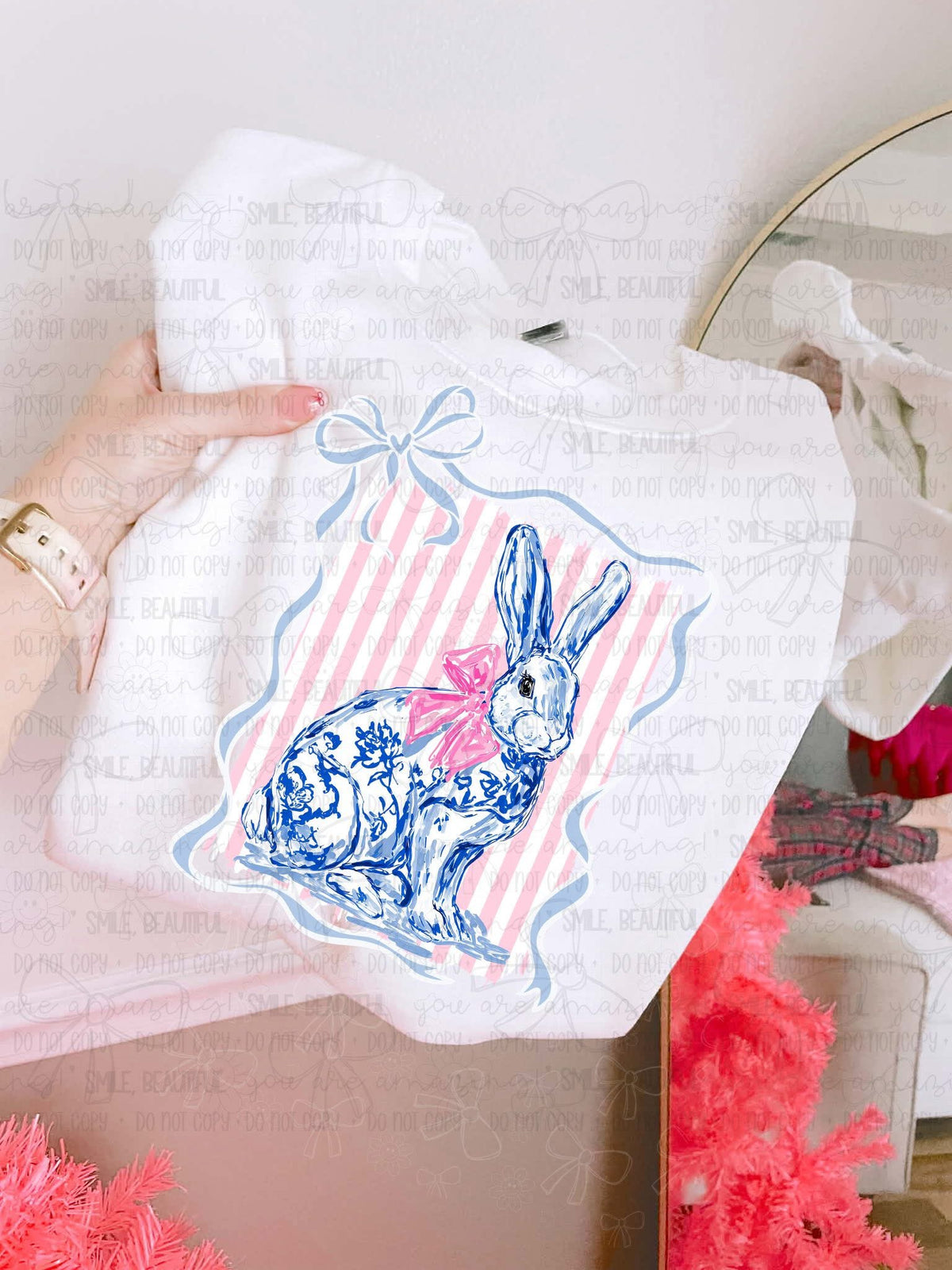 Floral Bunny With Bow Border With Pink/ Bkgrnd - TRANSFER (CC)