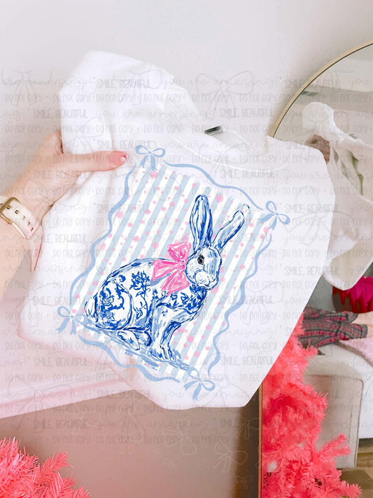 Floral Bunny With Bow Border/Blue Bkgrnd -  TRANSFER (CC)