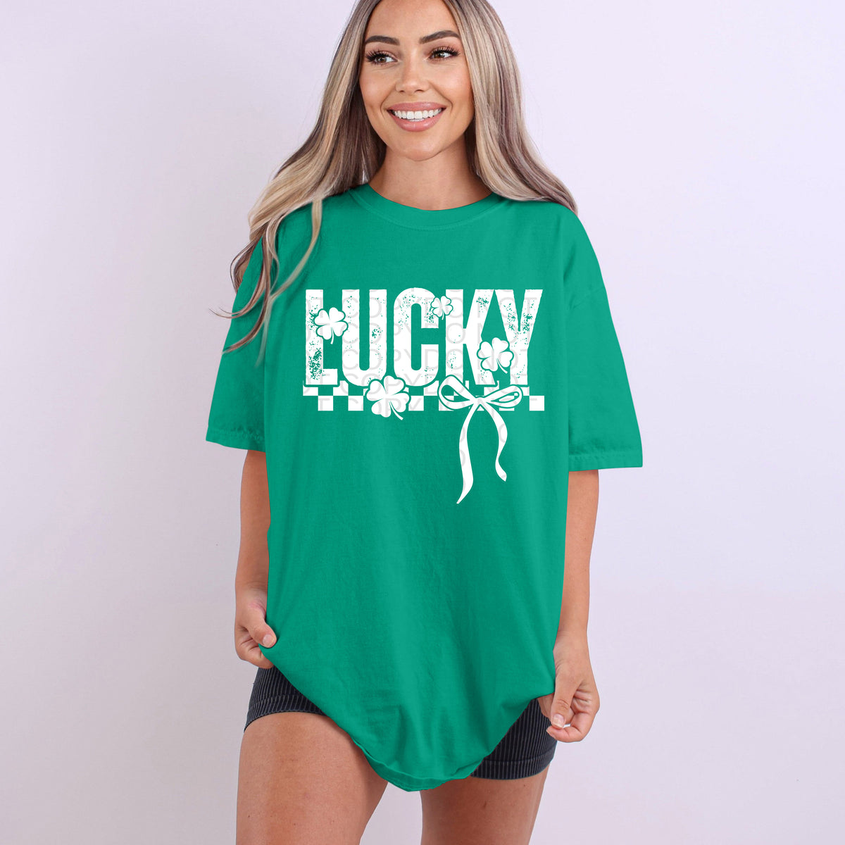 Lucky Checkered with Bow White Ink - TRANSFER (HW)
